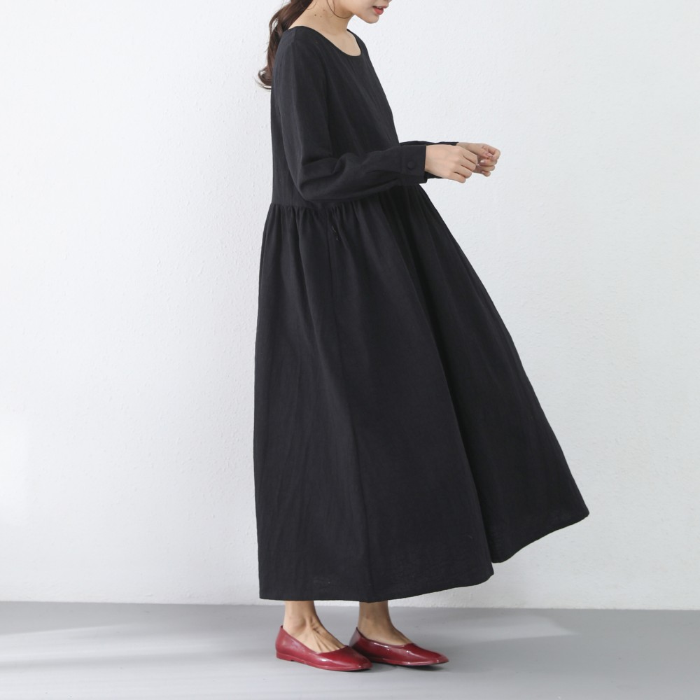 裾上げ無料♪サイズオーダー可♪凸凹柄模様　コットンリネン ゆったり　ギャザー　ロングワンピース