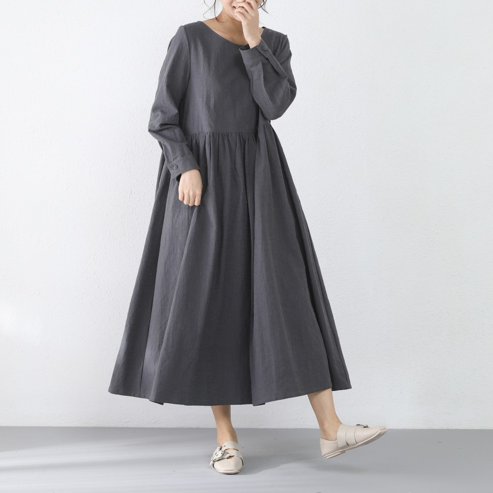 【即納】裾上げ無料♪サイズオーダー可♪凸凹柄模様　コットンリネン ゆったり　ギャザー　ロングワンピース （36）