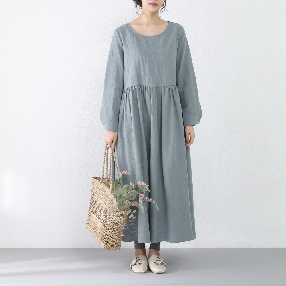 【即納】裾上げ無料♪サイズオーダー可♪凸凹柄模様　コットンリネン ゆったり　ギャザー　ロングワンピース （23）