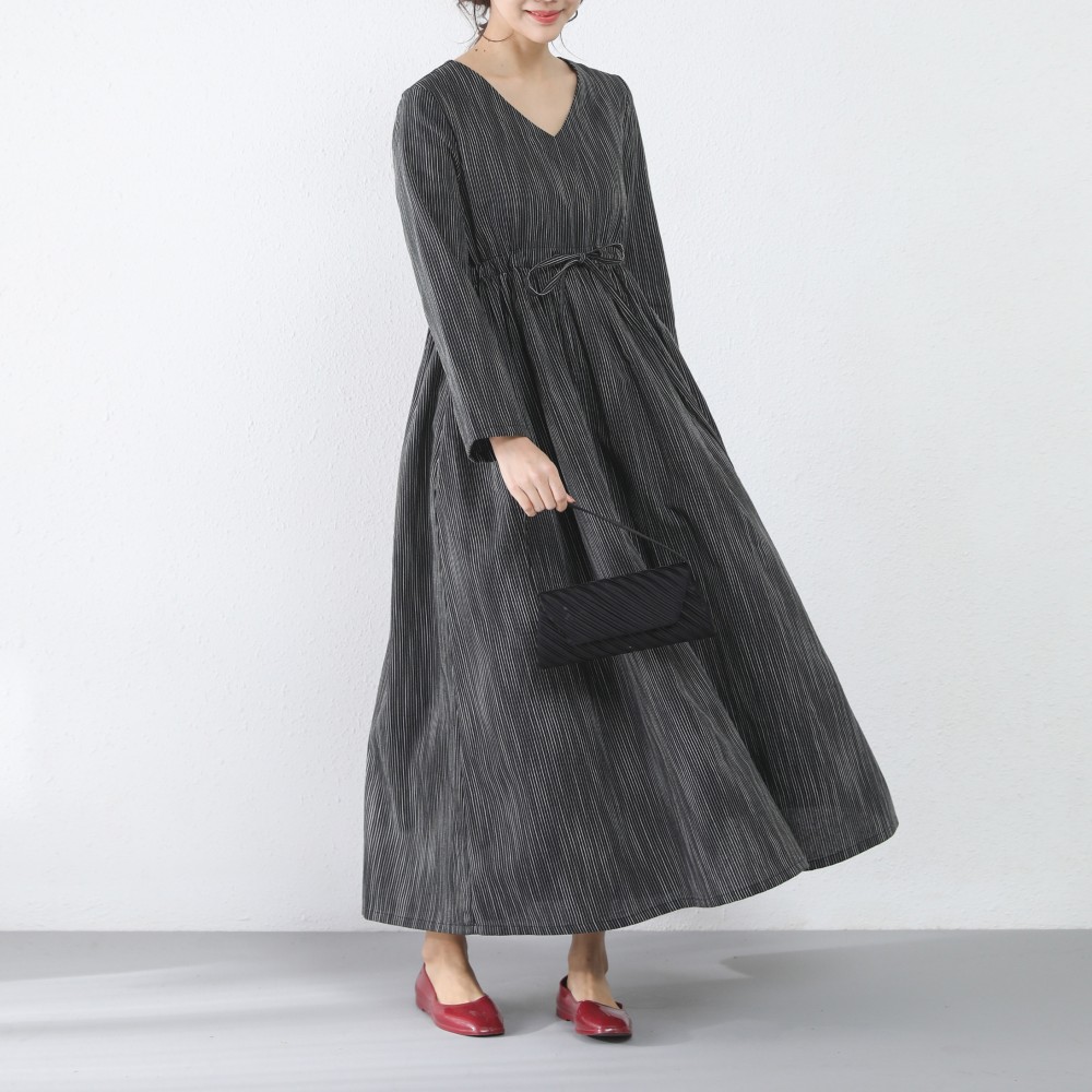 裾上げ無料♪サイズオーダー可♪コットンリネン　ストライプ  Vネック　ギャザー　ロングワンピース （12）