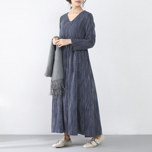 即納】（再販×9）コットンリネン ストライプ Vネック ギャザー ロング