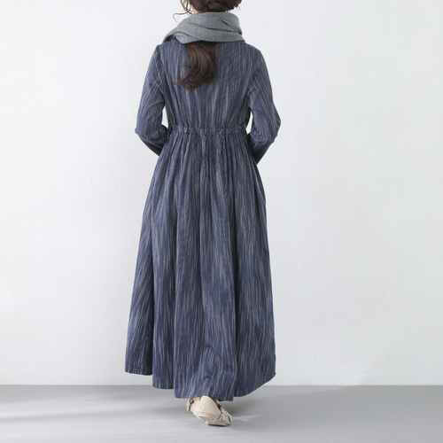 即納】（再販×9）コットンリネン ストライプ Vネック ギャザー ロング