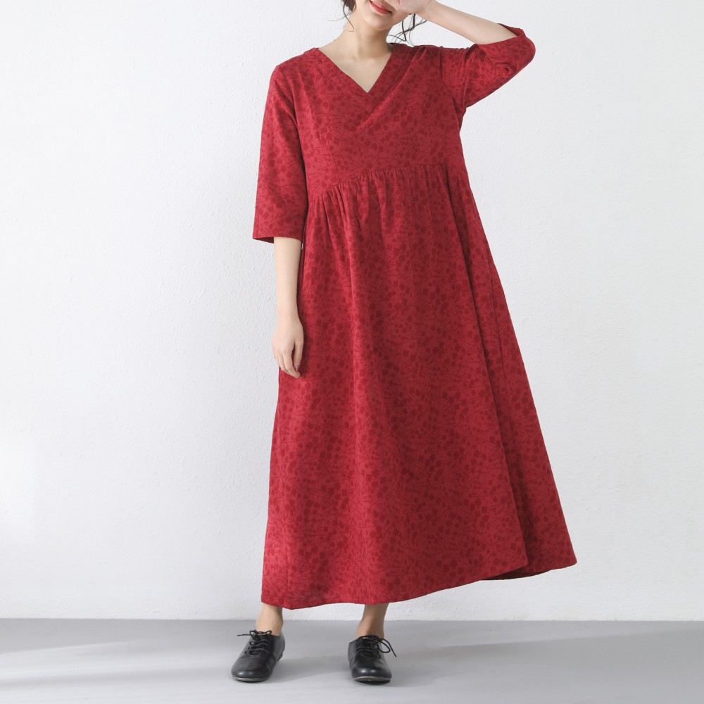 裾上げ無料♪サイズオーダー可♪コットン　Vネック　ギャザー　ロングワンピース
