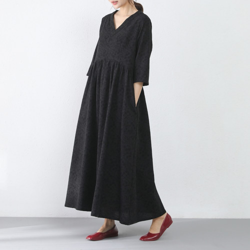 コットンVネックギャザーワンピース （再販×14）コットン Vネック  