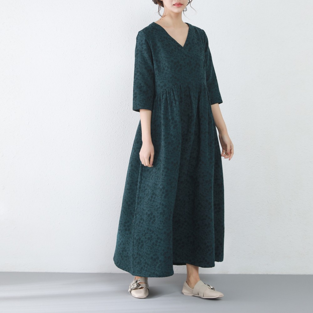 裾上げ無料♪サイズオーダー可♪コットン　Vネック　ギャザー　ロングワンピース （16）