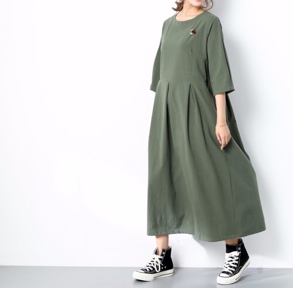 裾上げ無料♪サイズオーダー可♪ 26色展開　一枚で着られる♪ コットン　ウェストタックワンピース（216）