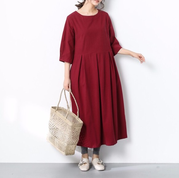 裾上げ無料♪サイズオーダー可♪ 26色展開　一枚で着られる♪ コットン　ウェストタックワンピース （152）