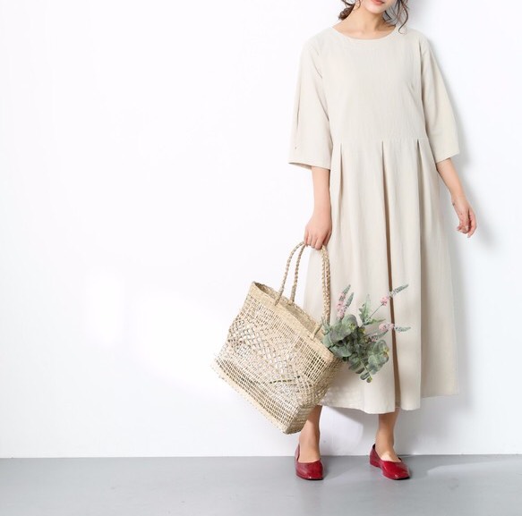 【即納】裾上げ無料♪サイズオーダー可♪ 26色展開　一枚で着られる♪ コットン　ウェストタックワンピース （192）
