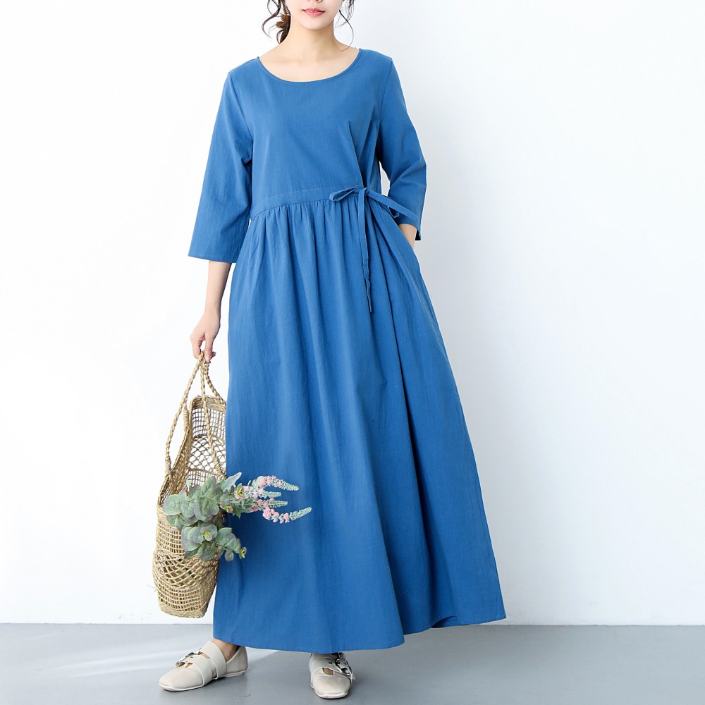 【即納】裾上げ無料♪サイズオーダー可♪ 26色展開 コットン　ギャザー　ロングワンピース （324）