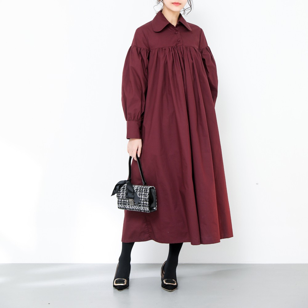 裾上げ無料♪サイズオーダー可♪コットン100％　ふんわり　キャザー　ゆったり　ロングシャツワンピース（15）