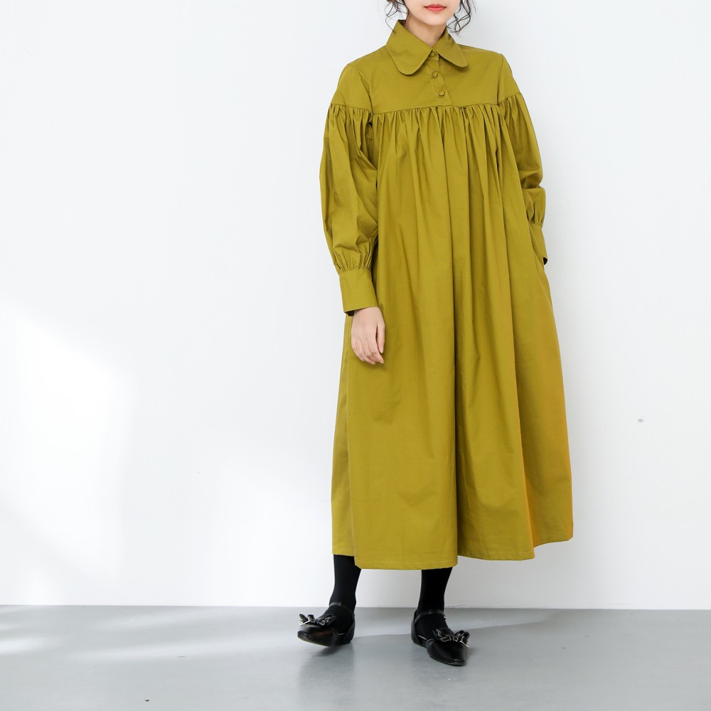【即納】裾上げ無料♪サイズオーダー可♪コットン100％　ふんわり　キャザー　ゆったり　ロングシャツワンピース（18）