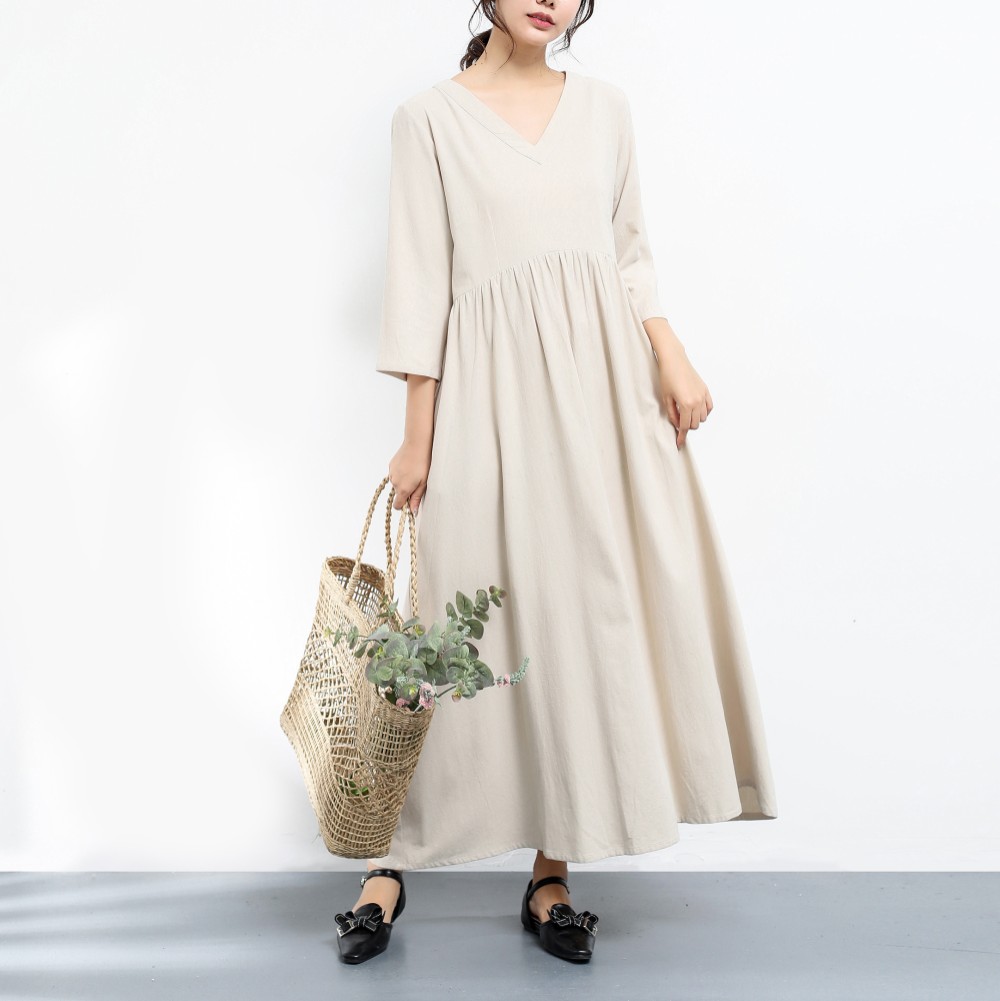 裾上げ無料♪サイズオーダー可♪ 26色展開 コットン　Vネック　ギャザー　ロングワンピース （151）