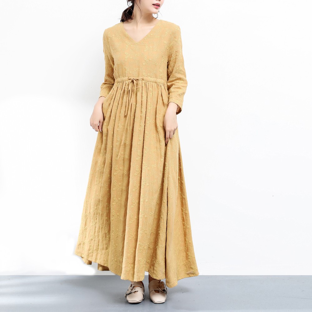 高級花柄刺繍入り リネン Vネック ギャザー ロングワンピース