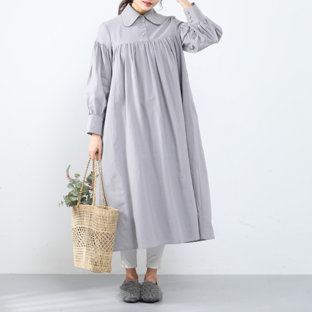 裾上げ無料♪サイズオーダー可♪ 26色展開　コットン ふんわり　キャザー　ゆったり　ロングシャツワンピース