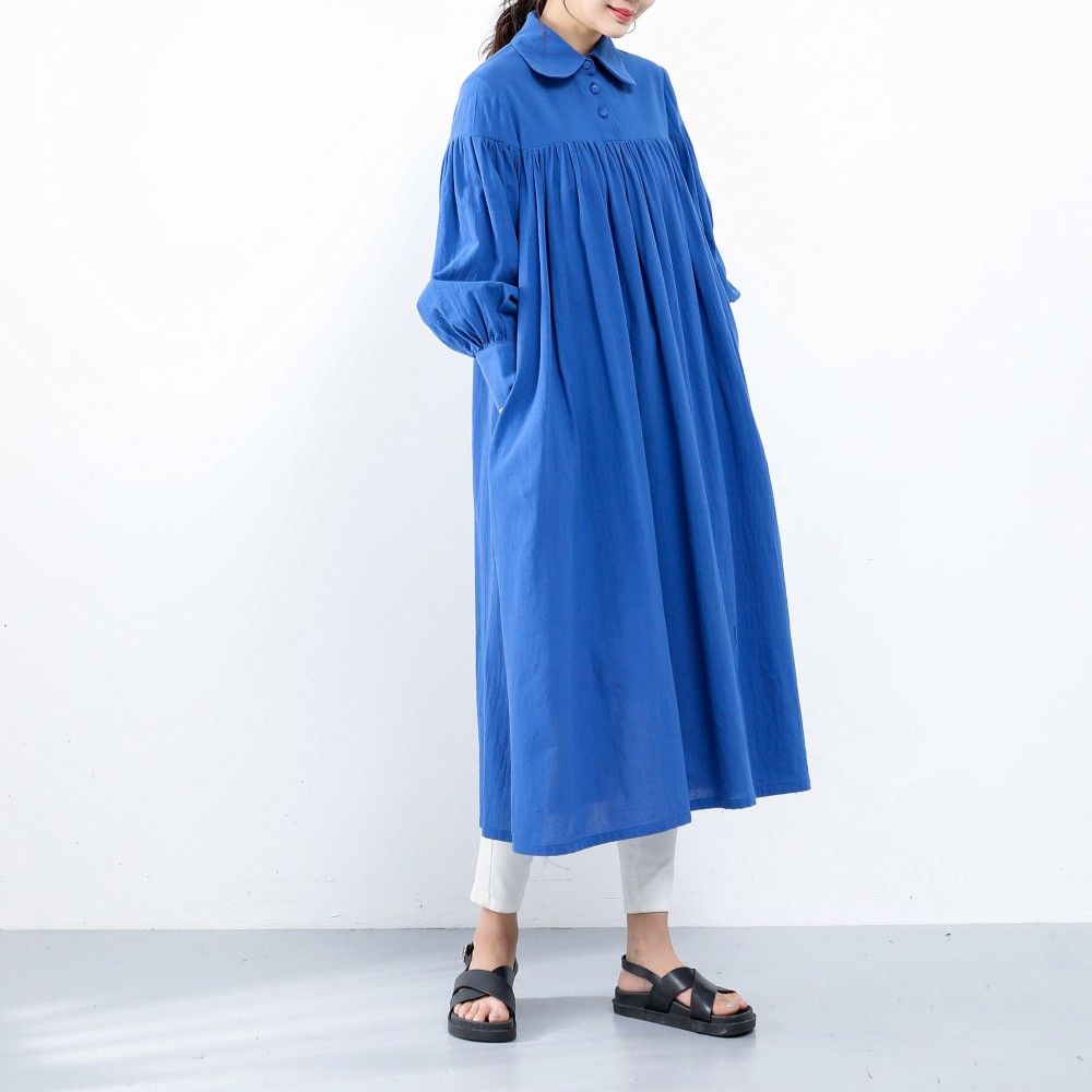 裾上げ無料♪サイズオーダー可♪ 26色展開　コットン ふんわり　キャザー　ゆったり　ロングシャツワンピース（146）