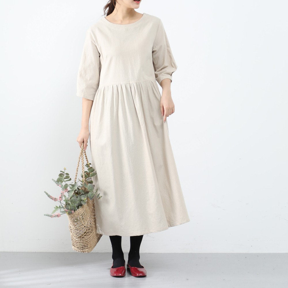 裾上げ無料♪サイズオーダー可♪ 26色展開　一枚で着られる♪ コットン ギャザーワンピース （56）