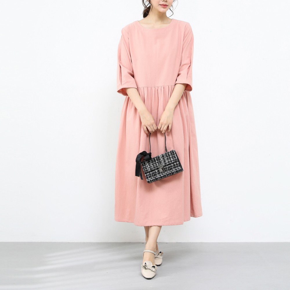 裾上げ無料♪サイズオーダー可♪26色展開　一枚で着られる♪ コットン ギャザーワンピース（36）