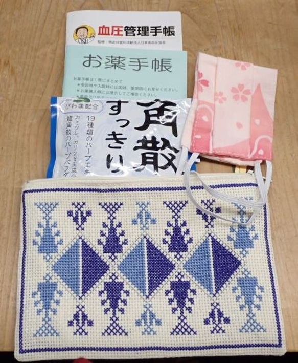 青とシルバー糸の杉柄のパレスチナ刺繍ポーチ 3枚目の画像