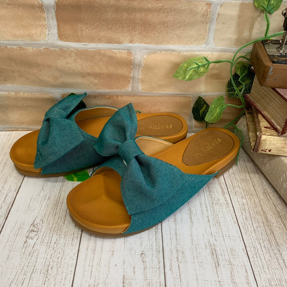 【送料無料】サンプル品　リボンサンダル　Sサイズ　靴 日本製 国産素材　　エメラルドグリーン 5枚目の画像