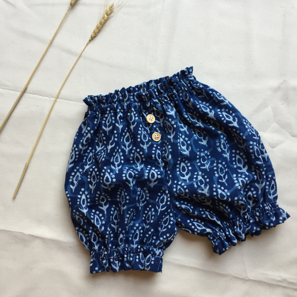 南瓜褲-indigo handblock floral (size 90, 100) 第2張的照片