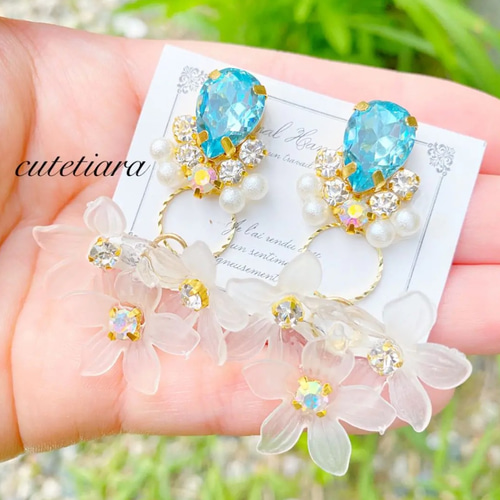 アクアマリンビジュー×リングすりガラス風フラワーピアスイヤリング  