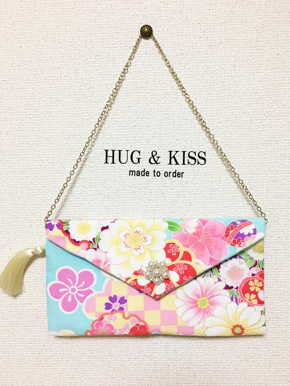 着物クラッチ　ミントブルー　~hug&kiss~ 2枚目の画像