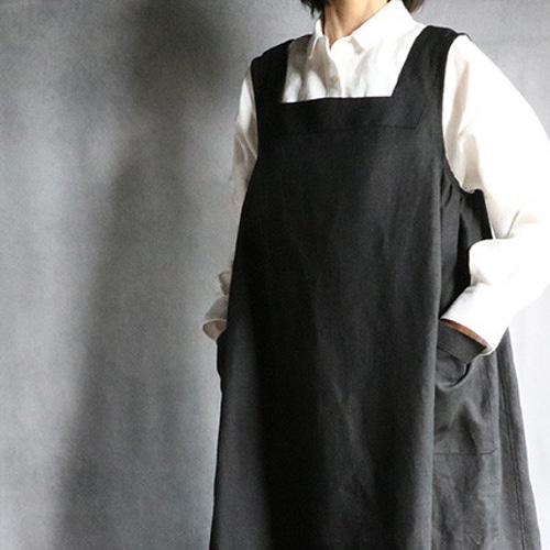 国産リネンのエプロンワンピ：黒 ワンピース cimicuri 通販｜Creema