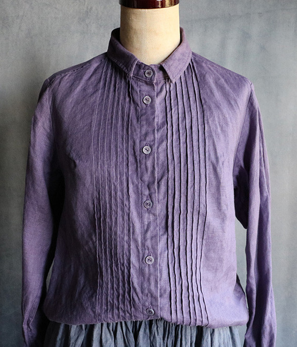 草木染ピンタック袖レースブラウス：紫 5枚目の画像