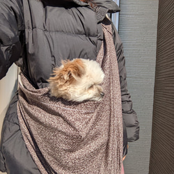 ペットスリング・犬・猫　抱っこ紐　ビンテージ風　ブラウン　肩紐調整可能　収納袋付き 8枚目の画像