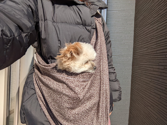 ペットスリング・犬・猫　抱っこ紐　ビンテージ風　ブラウン　肩紐調整可能　収納袋付き 8枚目の画像