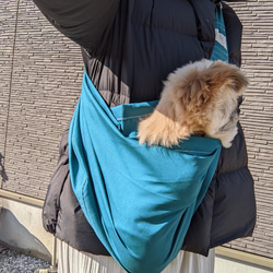 ペットスリング・犬・猫　ブルーグリーン　コットン100％　肩紐調整可能　収納袋付き 7枚目の画像