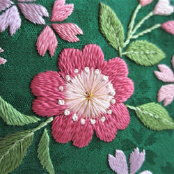 日本刺繍【桜の花】絹のがま口小物入れ＜手のひらサイズ＞　◆緑色◆  刺繍  手刺繍  母の日  プレゼント 4枚目の画像