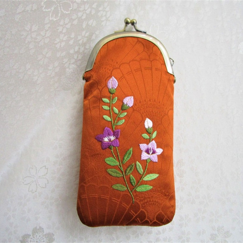 日本刺繍 桔梗 絹のがま口メガネケース・ペンケース ☆金茶色