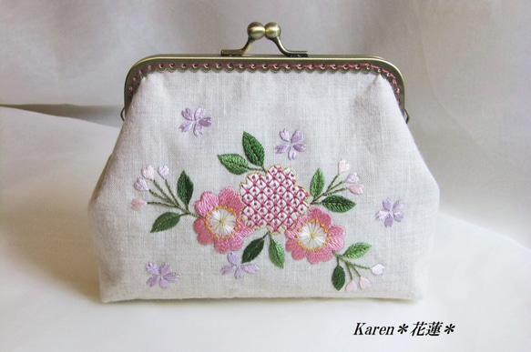 手刺繍【桜の花】のがま口ポーチ ～日本刺繍～ ポーチ Karen＊花蓮