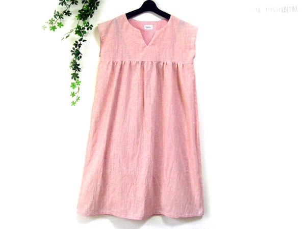 キーネックワンピース 綿麻ストライプ ピンク　S~LL 【受注】