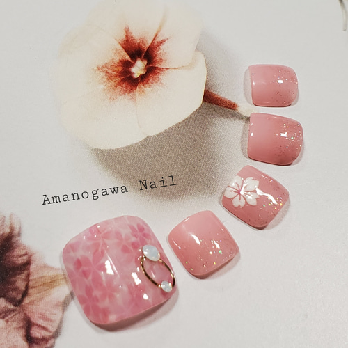 ジェルネイルチップ】B-68☆サイズ変更OK☆桜フットネイル☆親指