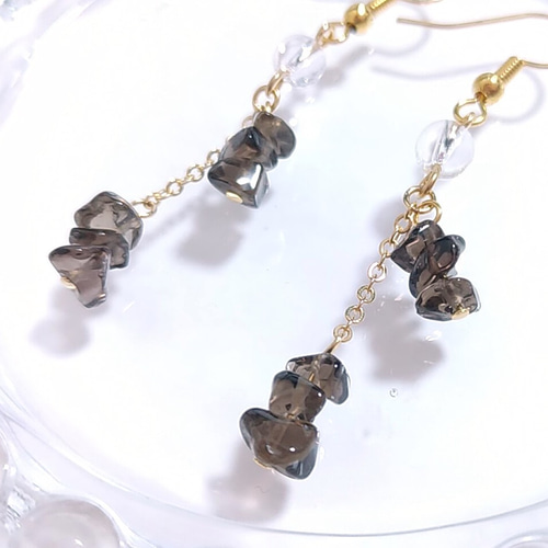 Aviika スリランカ ジュエリー せかほし ピアス スモーキークォーツ