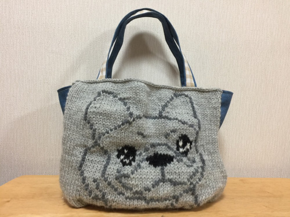 手編み ニット トートバッグ 試作品 フレンチブルドッグ グレー系 本皮