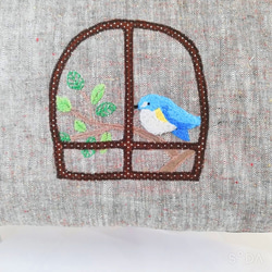 がま口バッグ　クラシックハンドバッグ（L）　ブラウン　ツイード　青い鳥　ルリビタキ　青い鳥刺繍 6枚目の画像