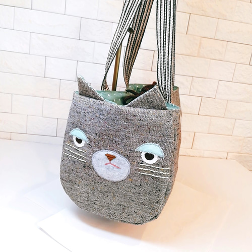 猫顔プリント トートバッグ ミントグリーン 猫プリントトートバッグ/2カラー/ねこ/大きめトート/ナチュラル