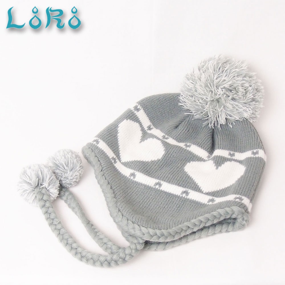 耳付きニット帽・ハート/グレー×ホワイト