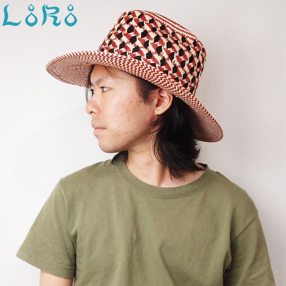 ロングブリムペーパーハット・レザーコンチョ/ワンサイズ 夏物ハット 一点物