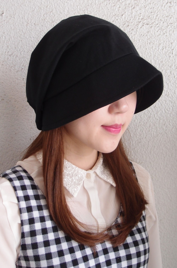 ピッコロ・スムース/フリーサイズ　ブラック　コットン　UV　たためる帽子　 1枚目の画像