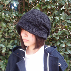 ピッコロ・モヘア/Sサイズ　ブラック　モヘア　モコモコ　キャスケット　秋冬　たためる帽子　風に飛ばない帽子　UV対策 2枚目の画像