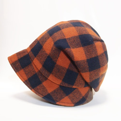 ピッコロ・ブロックチェック・オレンジ/フリーサイズ　ウール　UV　たためる帽子　風に飛ばない帽子 4枚目の画像