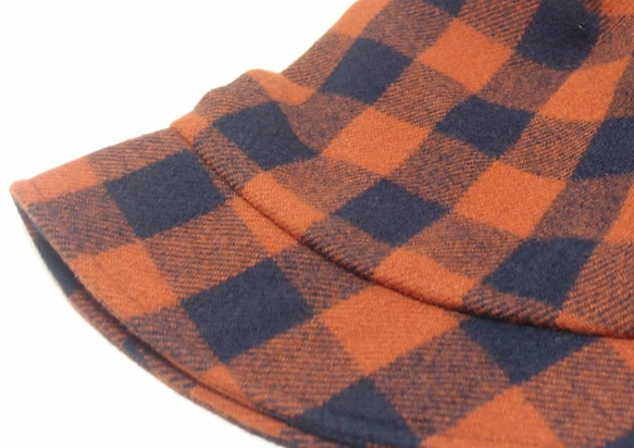 ピッコロ・ブロックチェック・オレンジ/フリーサイズ　ウール　UV　たためる帽子　風に飛ばない帽子 9枚目の画像