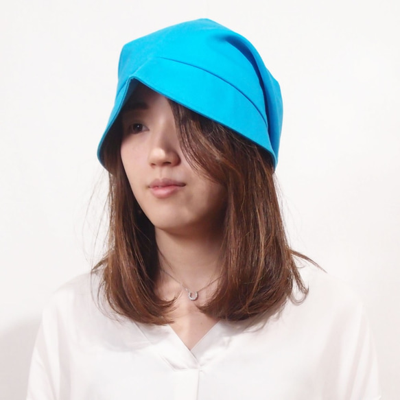 ピッコロ・コットン/S・Mサイズ　ブルー　UV　たためる帽子　風に飛ばない帽子 2枚目の画像