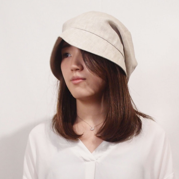 ピッコロ・リネン/Sサイズ　オフホワイト　UV　たためる帽子　風に飛ばない帽子 2枚目の画像