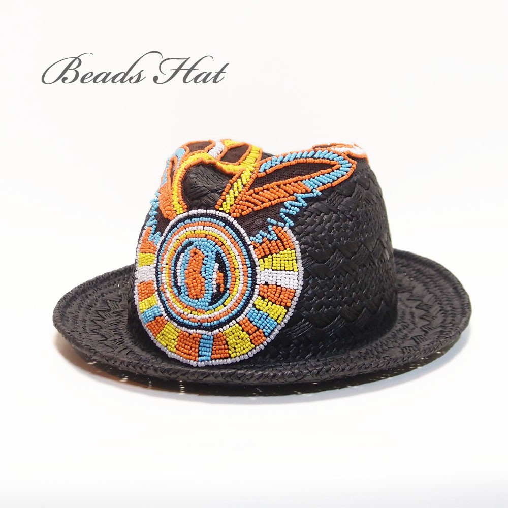 ビーズハット /ワンサイズ ブラック 一点物感満載のヴィンテージ風天然素材ハット！