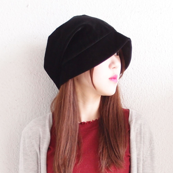 【SALE】ピッコロ・ベロア/Mサイズ　ブラック　UV　たためる帽子　風に飛ばない帽子 2枚目の画像